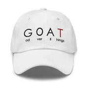 White classic dad hat baseball cap with God Over All Things design. Shop Christian hats online.