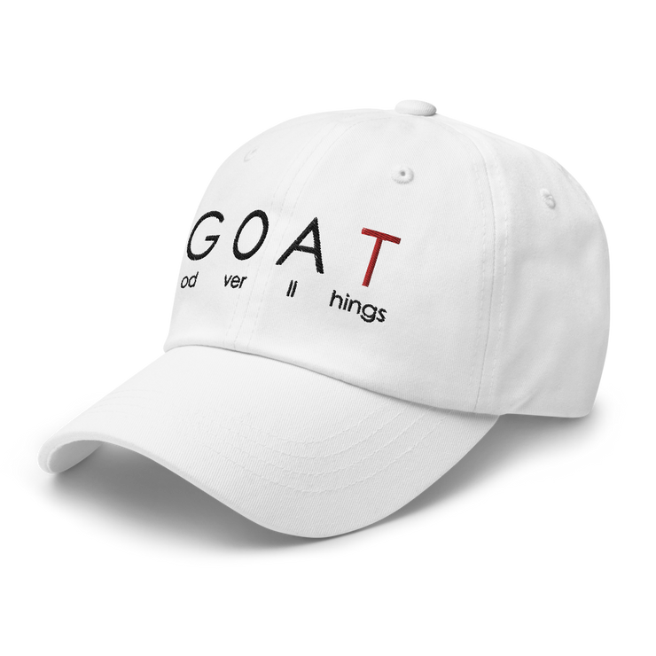White classic Christian dad hat baseball cap with God Over All Things design. 