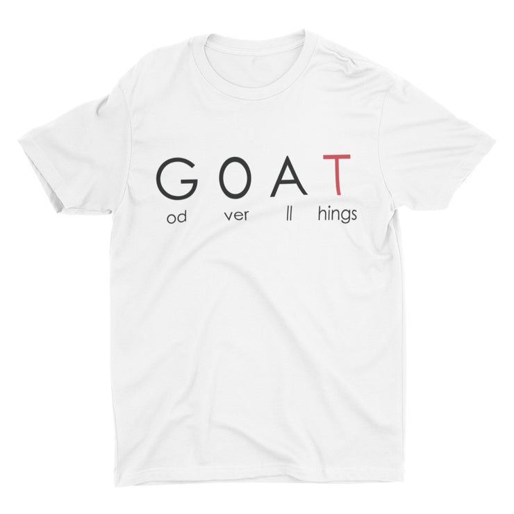 High quality white Christian t-shirt proclaiming God as the G.O.A.T - God Over All Things